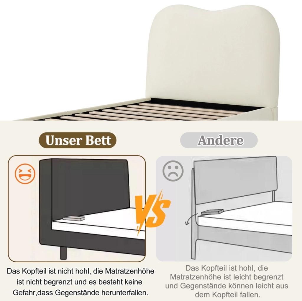 Letto singolo imbottito ULEVR 90x200 cm con contenitore idraulico e rete a doghe, velluto beige