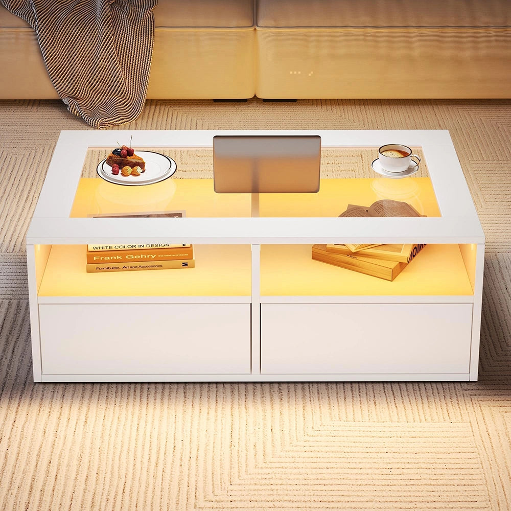 Tavolino LED - Xylo - 100x50cm vetro 2 cassetti bianco