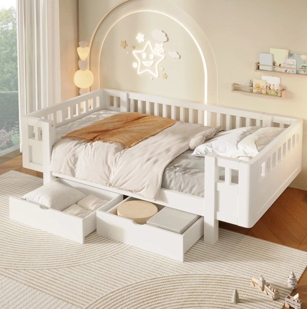 Letto a piattaforma per bambini 90x200 cm con sponde alte protettive e due ampi cassetti, bianco