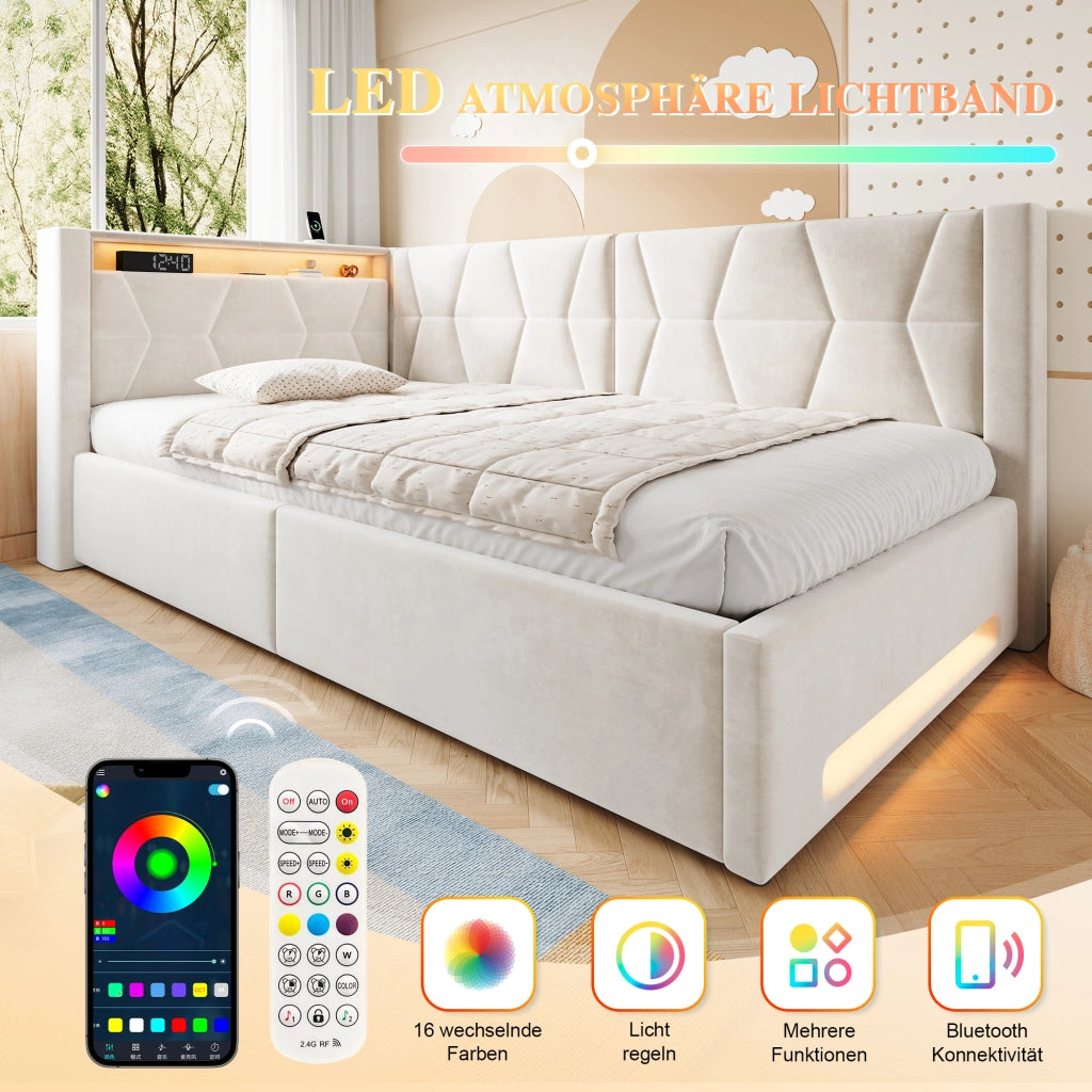 LETTO imbottito contenitore 90x200 cm in velluto beige con LED, USB e Type-C