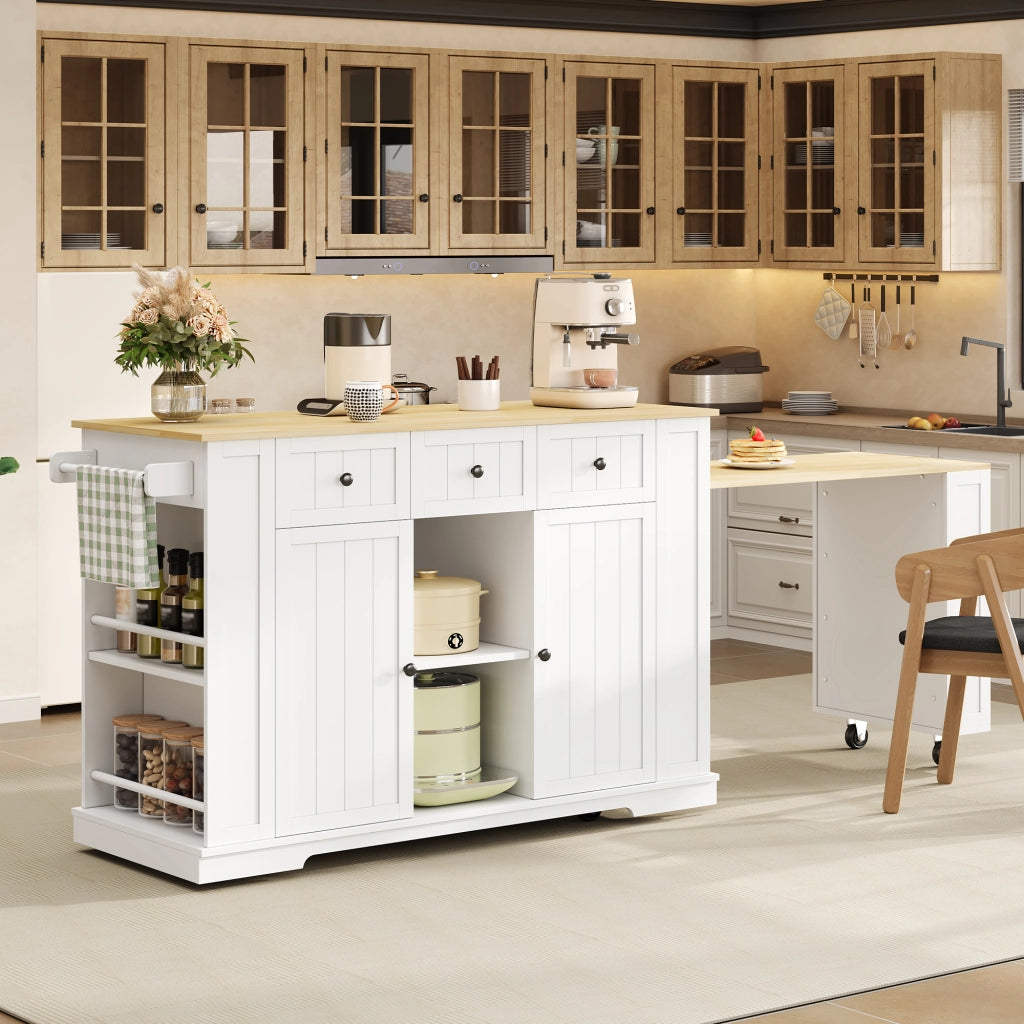 Carrello da cucina mobile con isola e tavolo estraibile, 138(213)x55x93 cm, bianco/naturale, MDF