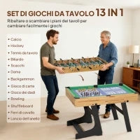 Tavolo da Gioco 13 in 1 Pieghevole con Calciobalilla, Ping Pong, Hockey, Biliardo, Scacchi e Altri, Noce