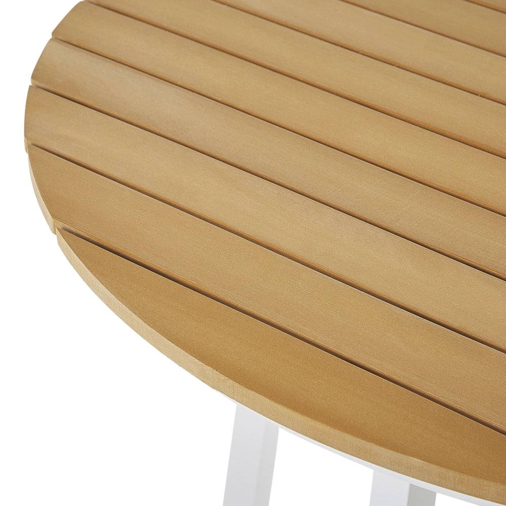 Set da pranzo all'aperto Tavolo rotondo a 4 posti in alluminio bianco da 105 cm Sedie a doghe con imbottiture per sedile beige