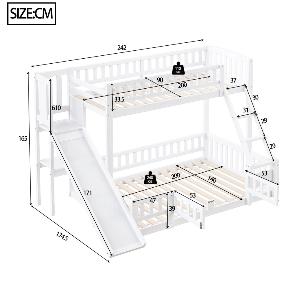 Letto a castello 140x200 cm con scivolo; scala e ripiani in pino e MDF bianco
