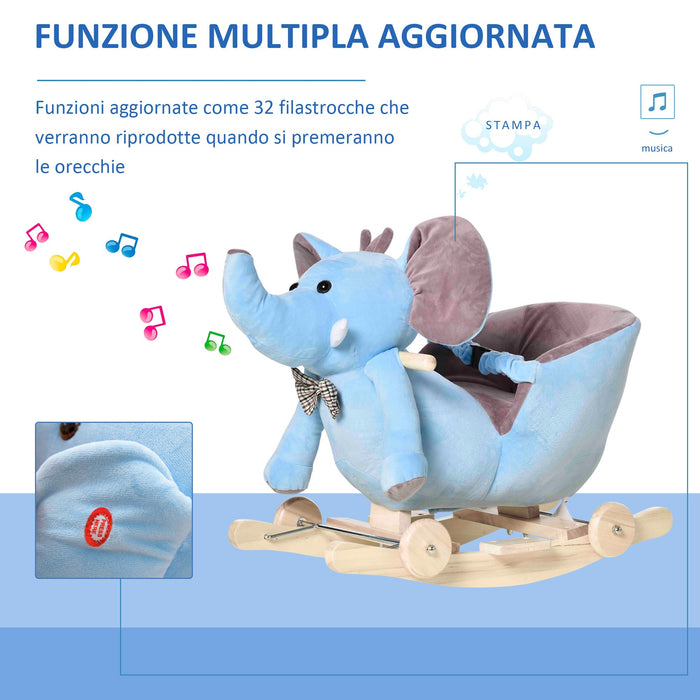 Cavallo a Dondolo per Bambini in Legno e Peluche Elefante Blu