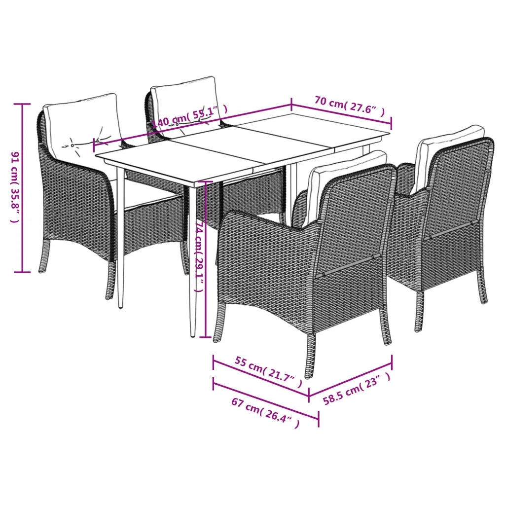 Set da Pranzo da Giardino 5 pz Nero con Cuscini in Polyrattan
