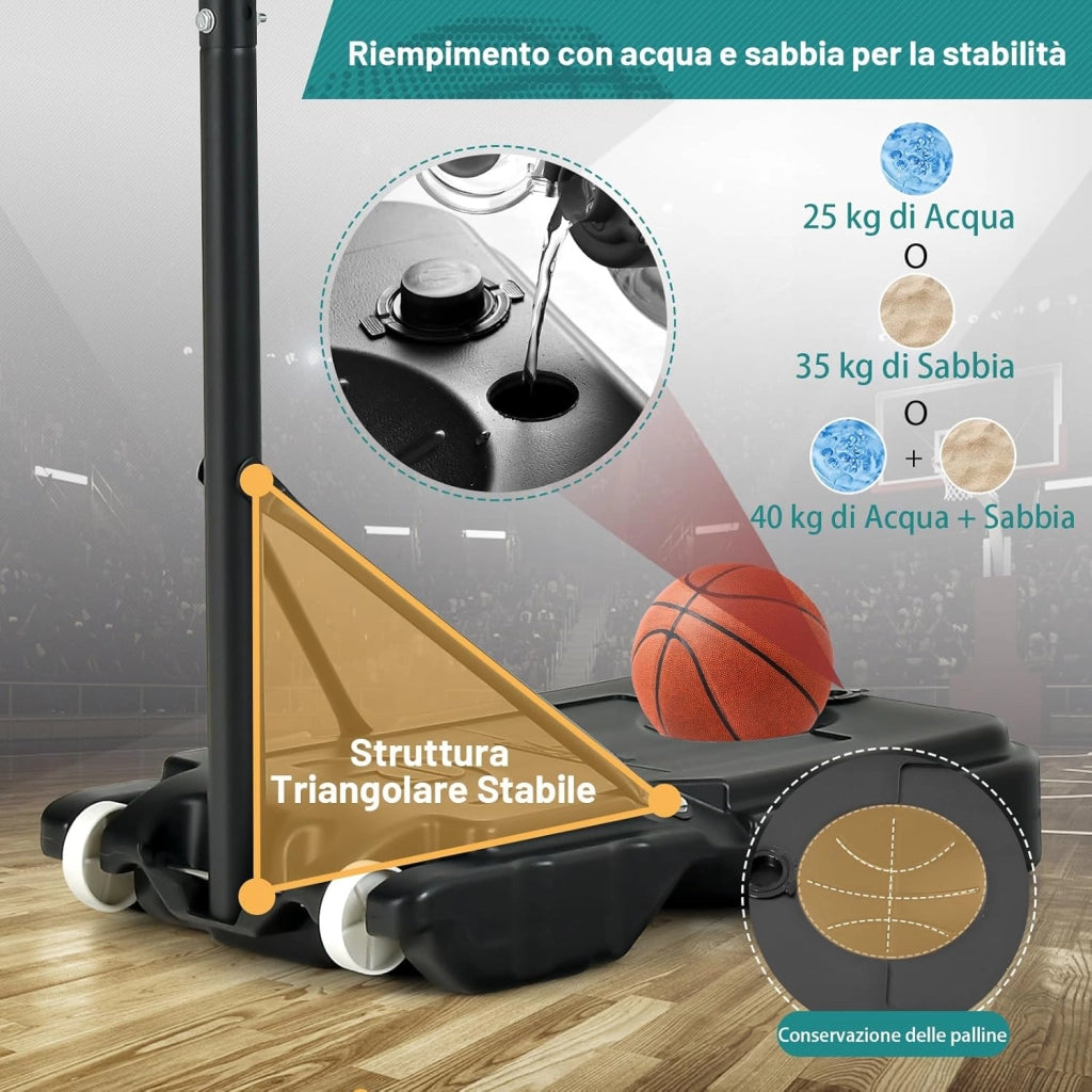 Canestro Basket da Interno ed Esterno Portatile e Regolabile in Altezza 90-210cm, Canestro da Basket per Bambini con Ruote, Incavo per Pallone e Tabellone Infrangibile