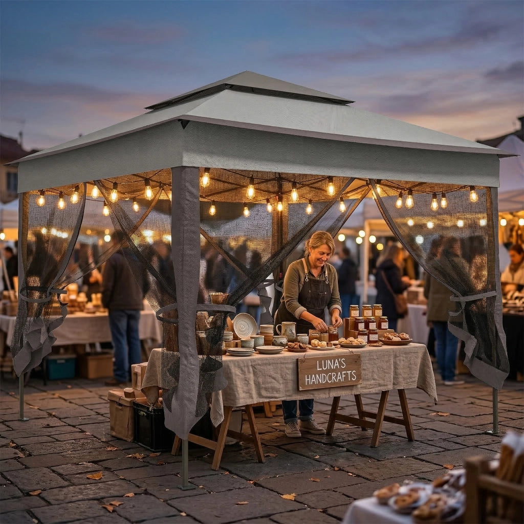 Gazebo pieghevole con 4 pareti laterali in rete anti-UV e borsa da trasporto ¨C zephmum ¨C 3.3x3.3 m grigio