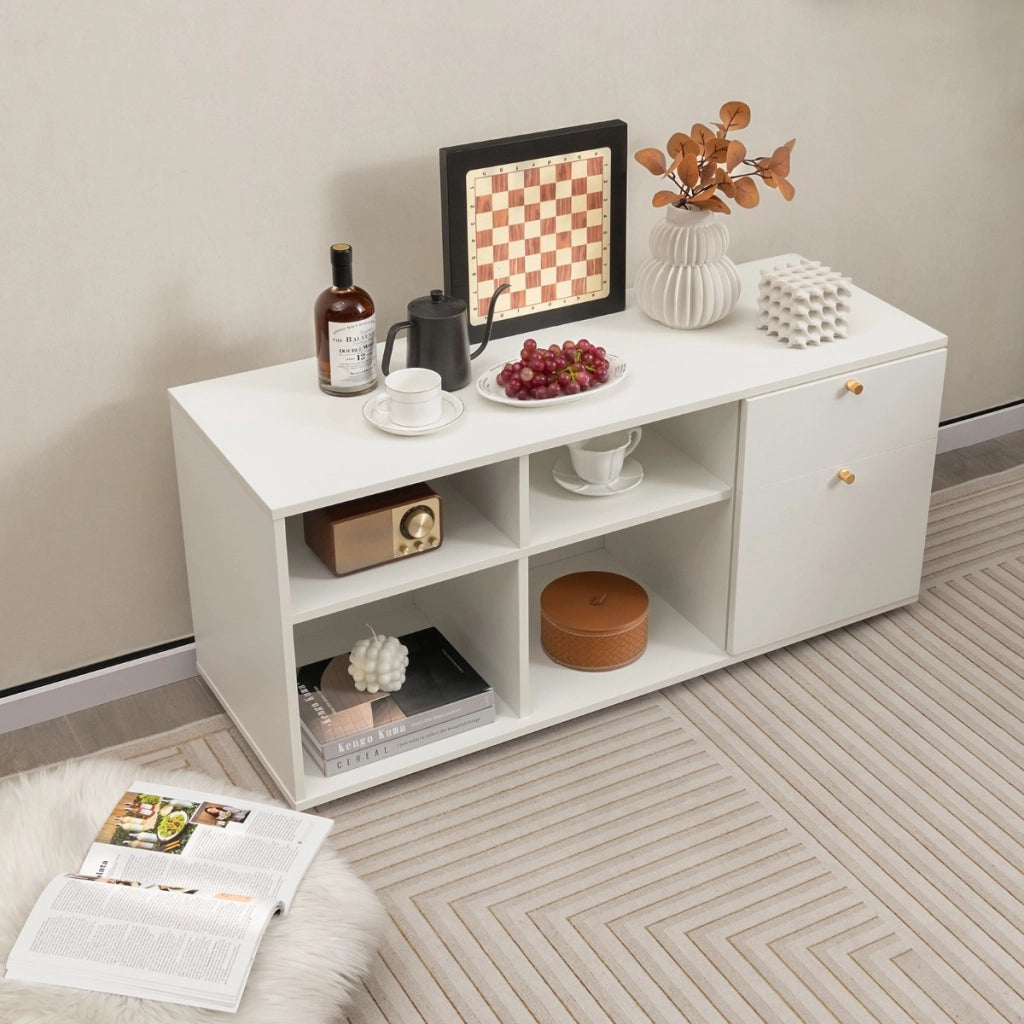 Armadio portaoggetti con 2 cassetti 4 cubi e piedini regolabili, Mobiletto espositore da pavimento per casa Bianco-Credenze buffet