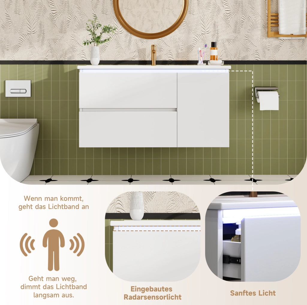 Mobile lavabo sospeso 91,5 cm bianco con LED e lavabo