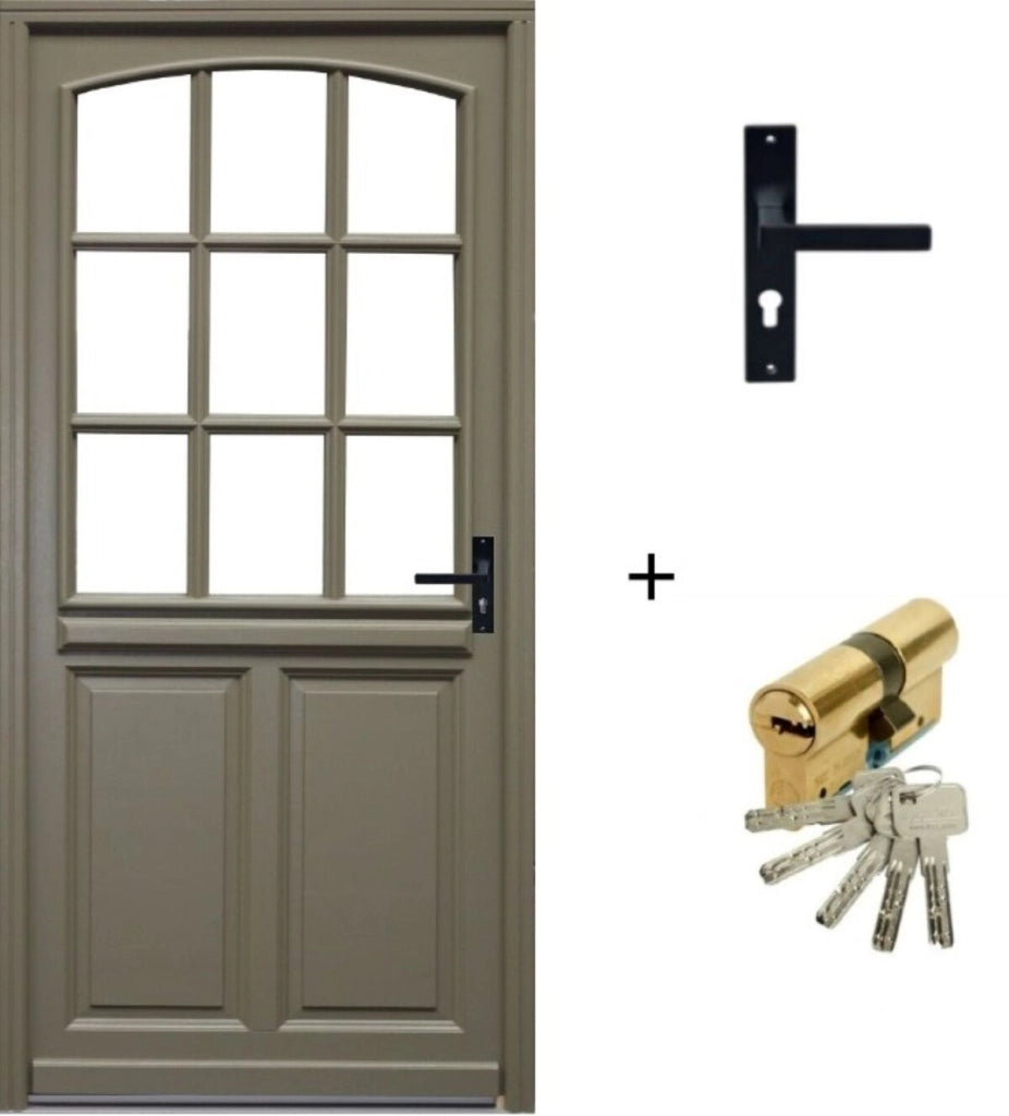Porta d'ingresso in legno smaltato, Ady, Verde RAL7002, H.215xl.90 p.sinistra + Maniglia E Botte (ref010723NO) Lato tavolo senza maniglia
