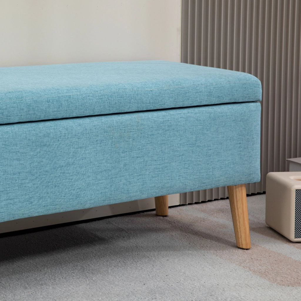 Panca contenitore scandinava con seduta imbottita e vano interno in poliestere blu per ingresso e camera 110 × 39 × 45 cm