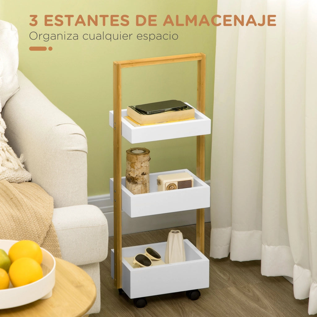 Carrello per Bagno con 3 Cestini e Ruote ¨C Zephmum ¨C Bamb¨´ 28x18x75 cm Bianco