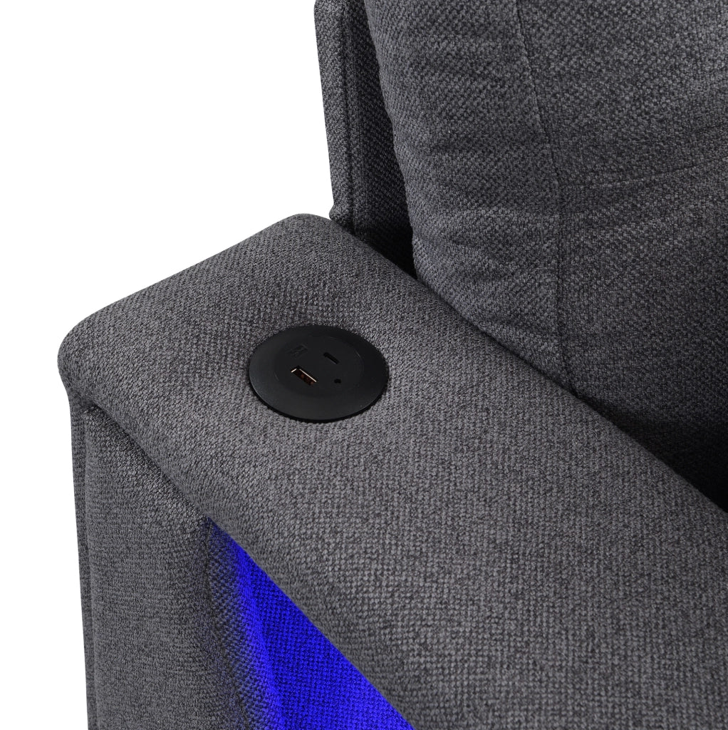Divano angolare 4 posti con pouf contenitore, LED, USB e Type-C, grigio antico
