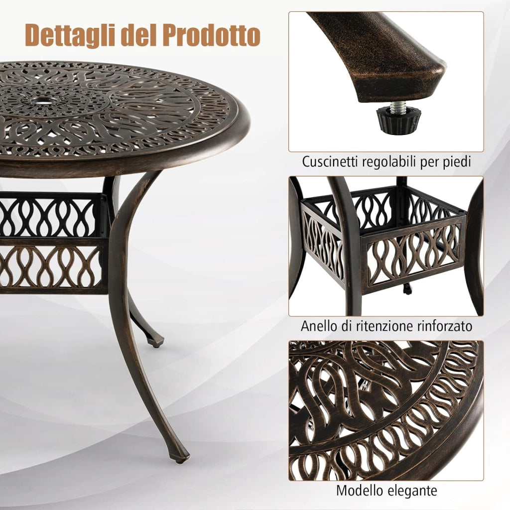 Tavolo da Pranzo Rotondo da 90 cm, Tavolo da Esterno in Alluminio con Foro per Ombrellone da 5 cm Struttura Resistente Piedini Regolabili, Tavolo Rotondo da Giardino Esterno, 90 x 74 cm