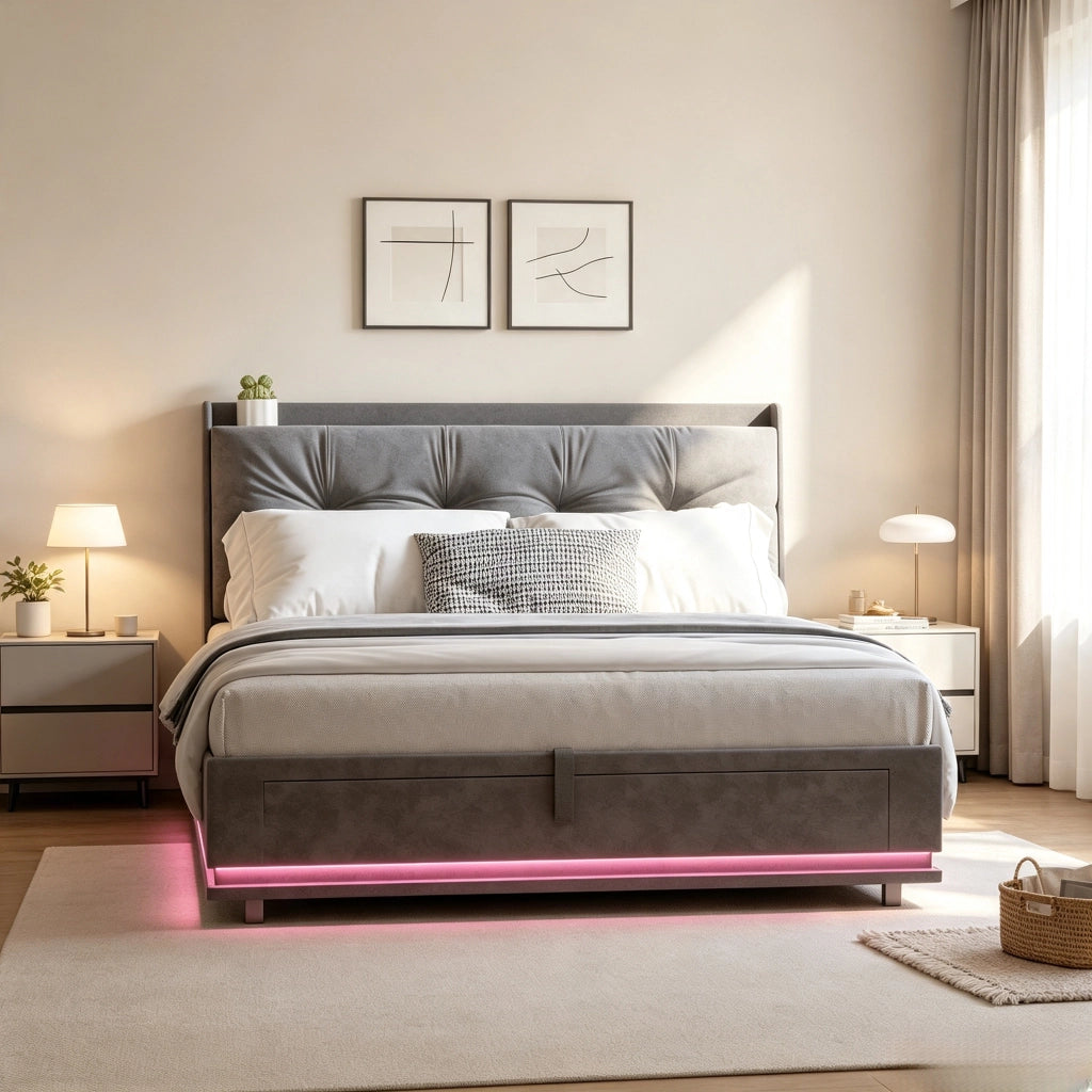 Letto matrimoniale 160x200 cm con contenitore;struttura letto con testiera imbottita e rete a doghe  LED e USB  rivestimento in velluto -beige
