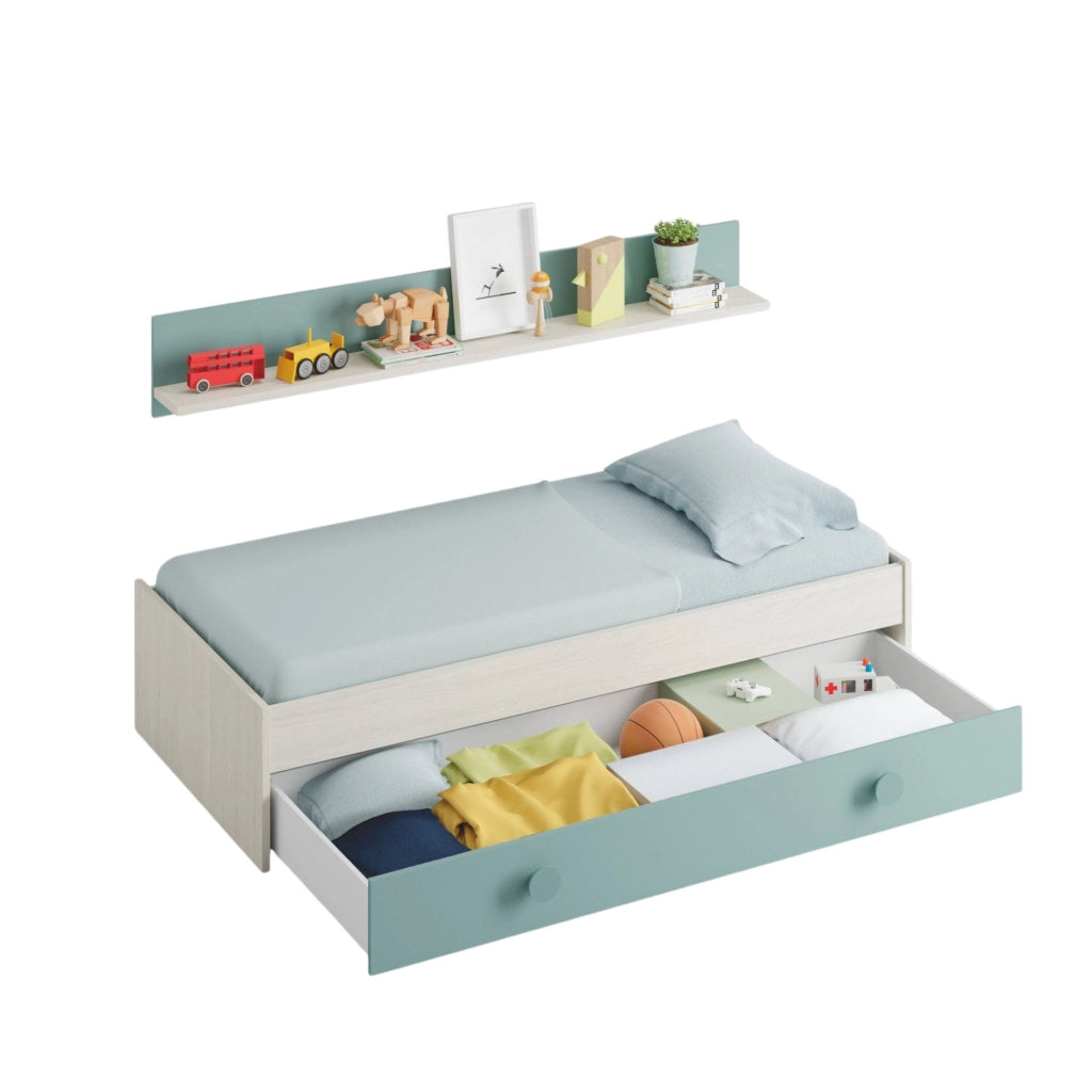 Letto singolo Aqua, Struttura letto per cameretta, Letto singolo con lettino estraibile o cassettone e mensola abbinata, cm 199x95h65, Bianco e Verde acqua