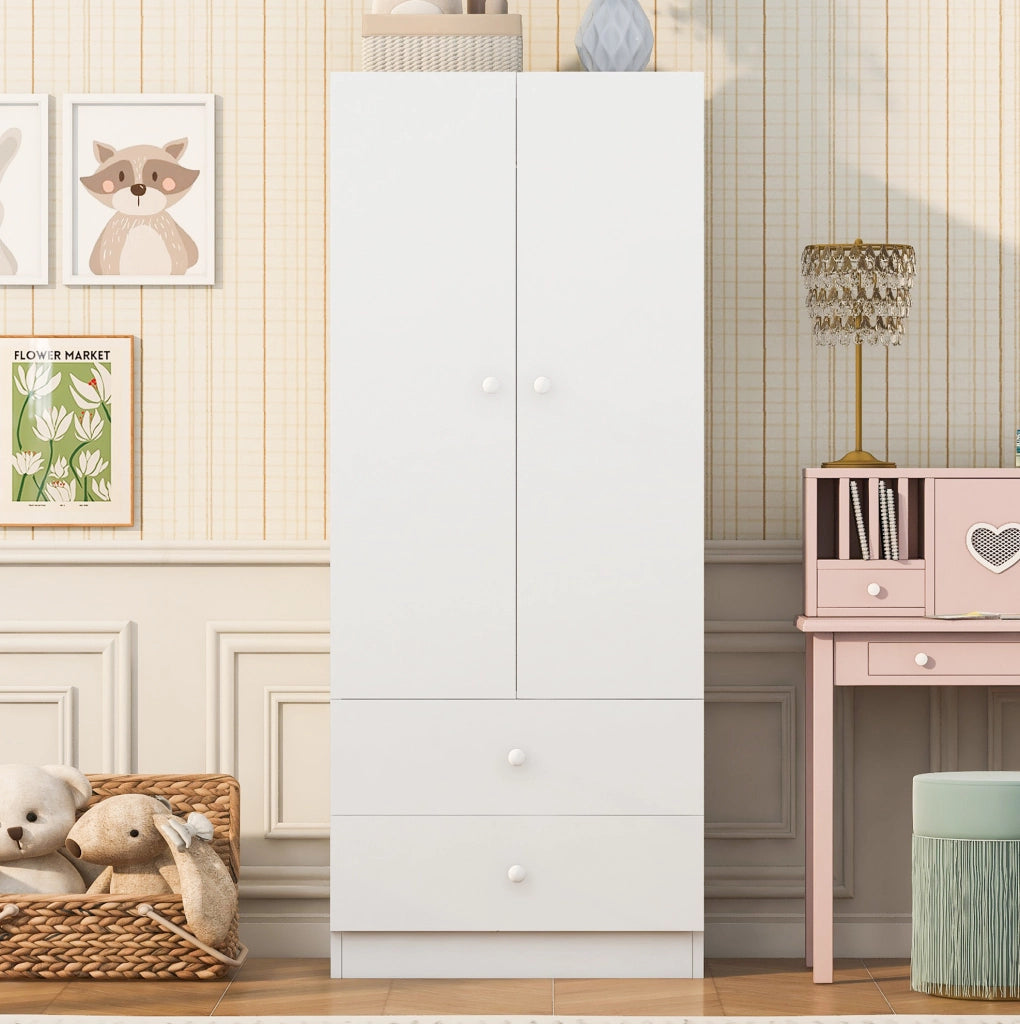 Armadio guardaroba con due cassetti e vano appendiabiti 70 x 40 x 170 cm in MDF bianco