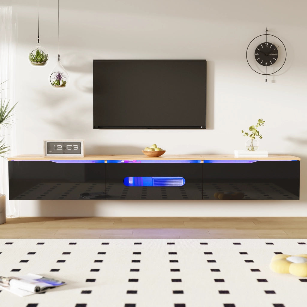 OKWISH Mobile TV con 3 Ante e LED, Montaggio a Terra o Parete, Stile Moderno, per Soggiorno, MDF, Nero e Legno, 180 x 35 x 30 cm