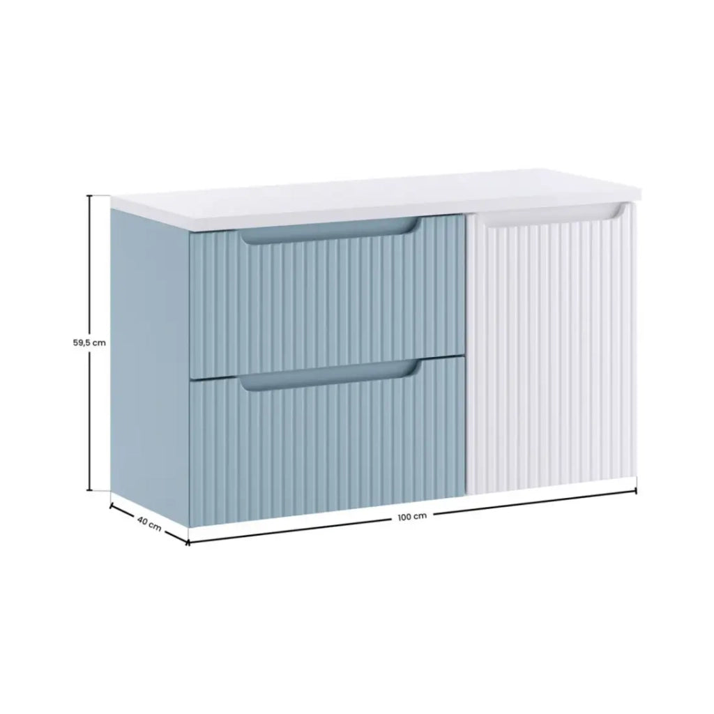 Set VANO blu denim e bianco 100cm: mobile sottolavabo con cassetti e cesto per la biancheria integrato + piano per lavabo
