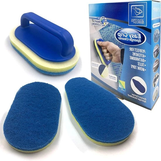 Kit di pulizia per la doccia con manico - set di 2 spugnette ovali per pulizia - spugnetta angolare e manico rimovibile - spugnetta abrasiva per cucina, piastrelle o vasca da bagno Spugnette pulizia