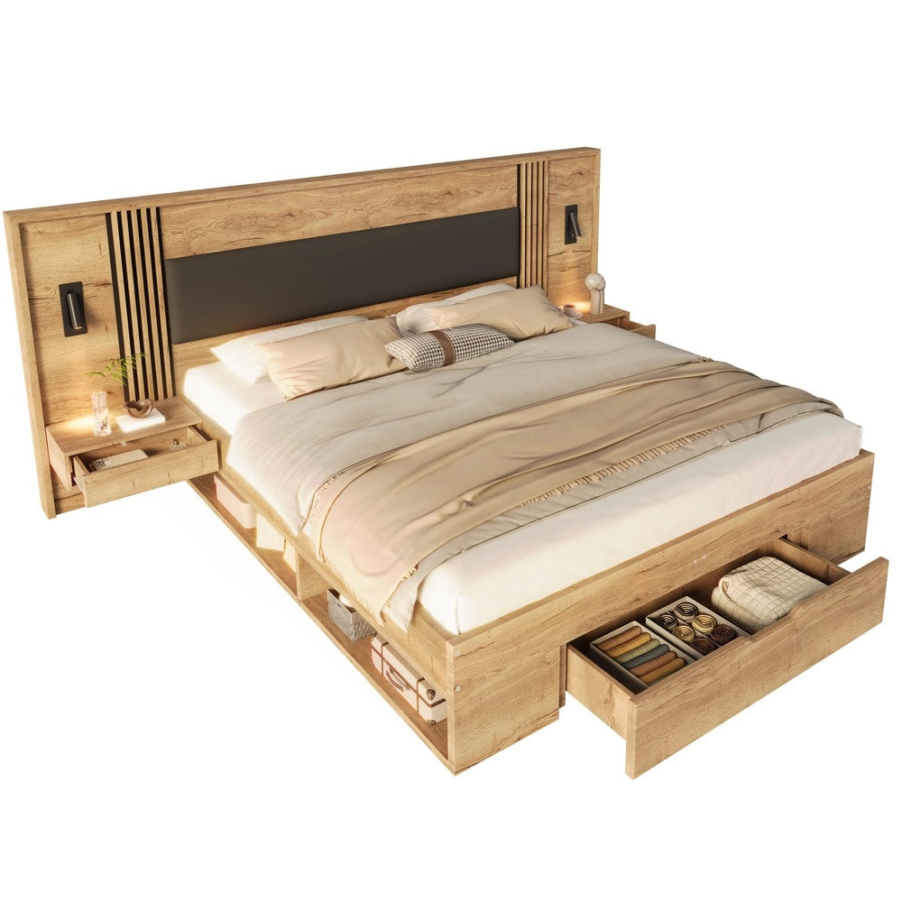 Letto Contenitore Matrimoniale con Cassetti e Comodini ¨C Xylo ¨C 180x200, Naturale