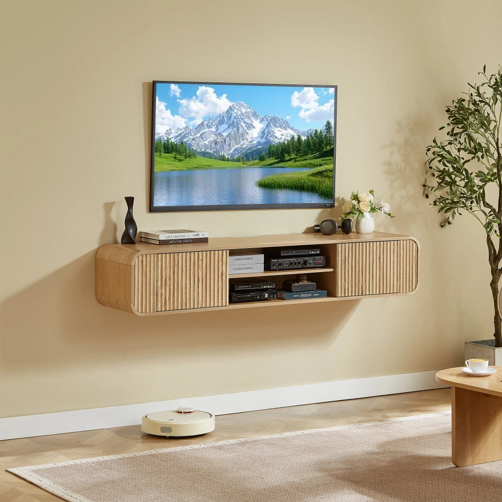 Mobile TV sospeso da 160 cm in MDF e truciolare con vani aperti e passacavi, colore naturale