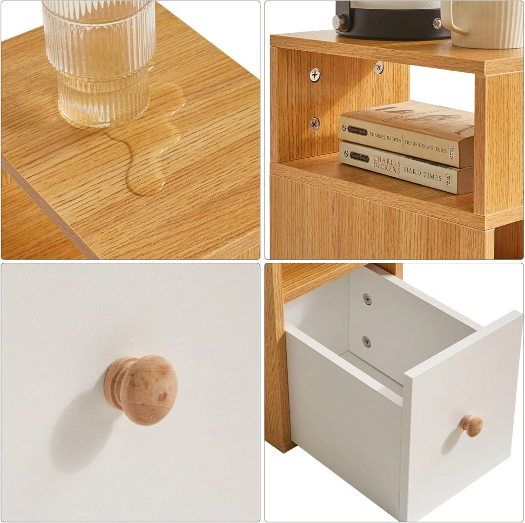 Set di 2 comodini sottili e stretti, con 2 scomparti aperti e 1 cassetto, salvaspazio, tavolini laterali in legno per camera da letto e soggiorno, naturale WNS006N-2
