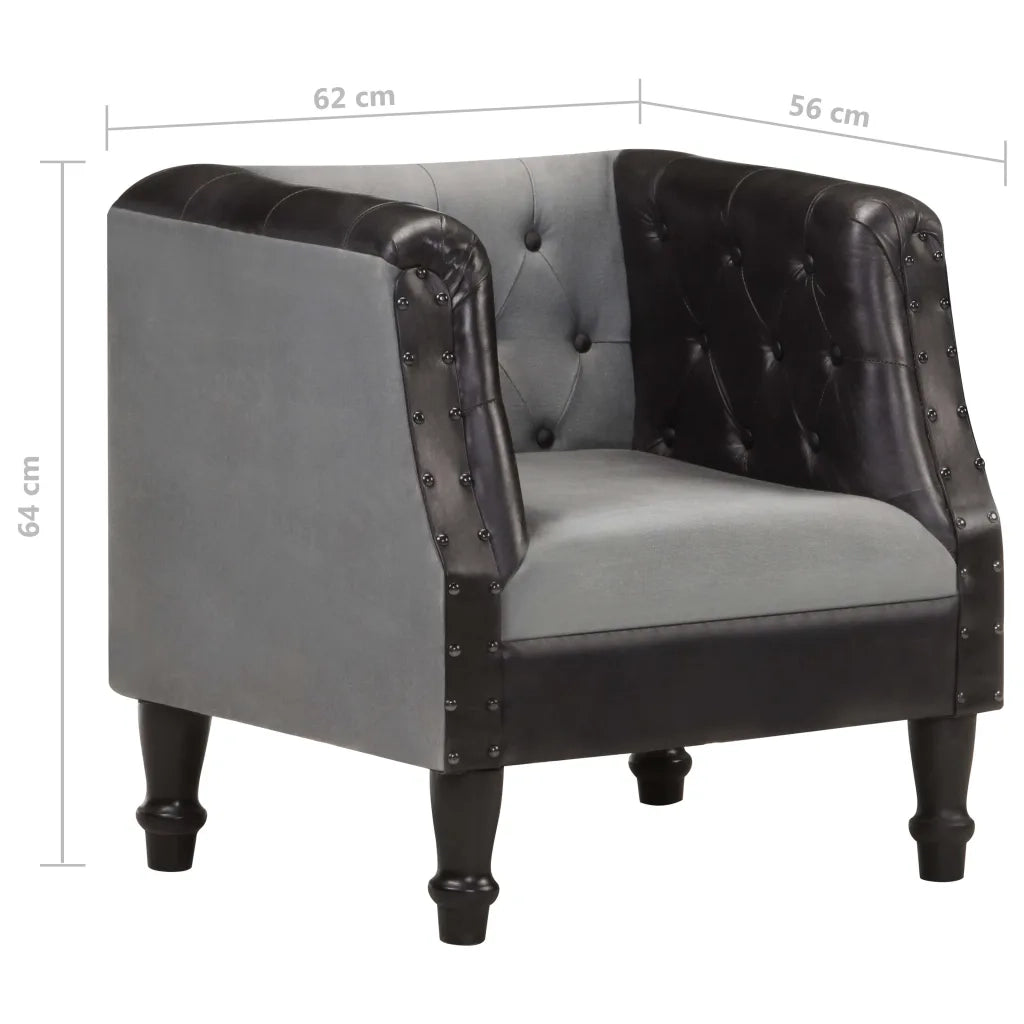 Poltrona a Pozzetto Nera in Vera Pelle e Legno Massello Mango 320606