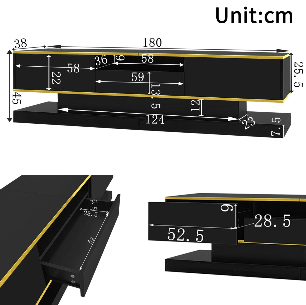 Mobile TV moderno da 180 cm con 3 cassetti; finitura lucida; LED multicolore; nero e oro