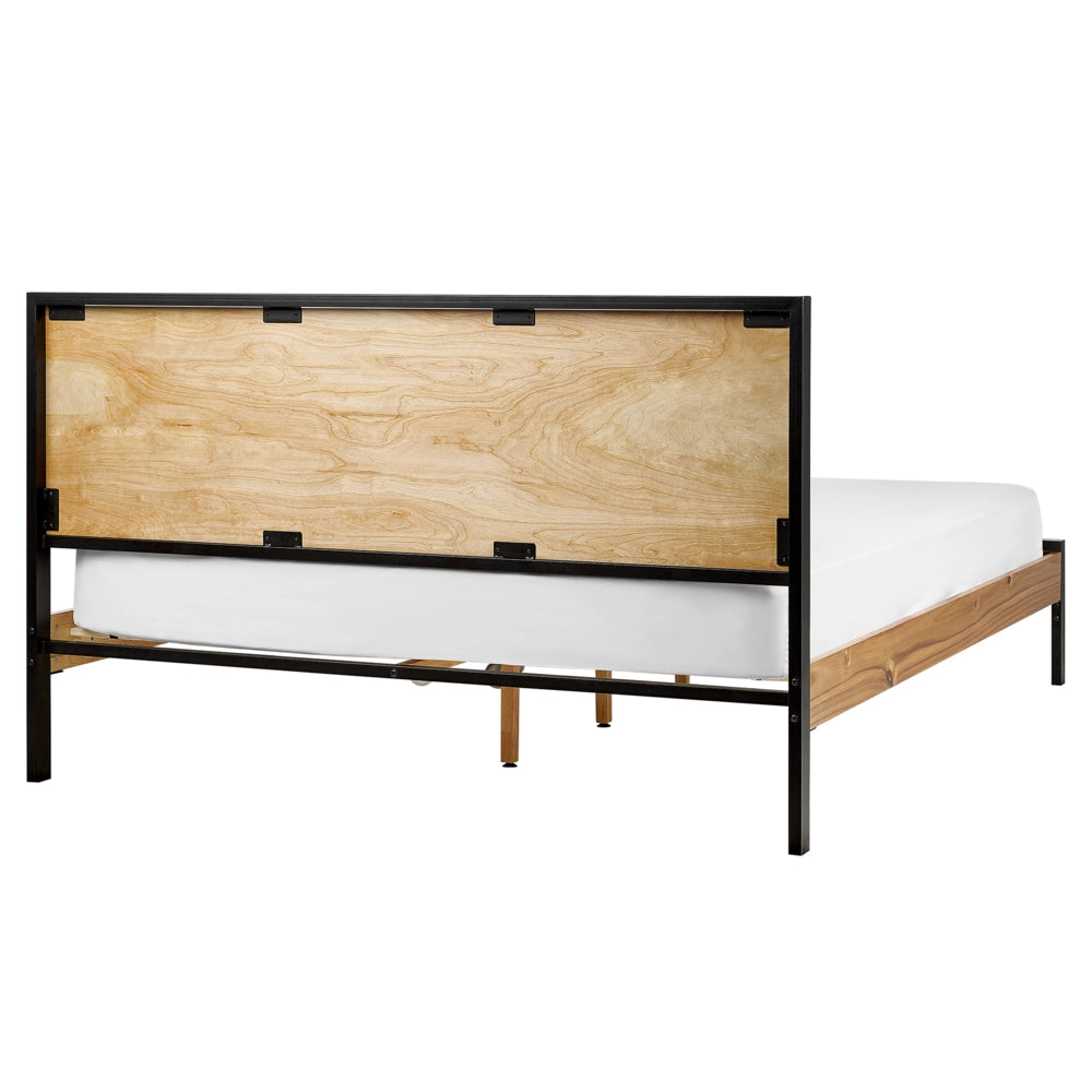 Letto 160 x 200 cm in acacia naturale con testiera a doghe e gambe in metallo nero