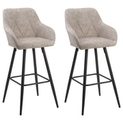 Set di 2 Sgabelli da Bar Rivestiti in Tessuto Beige con Braccioli Schienale Trapuntato Gambe in Metallo Nero