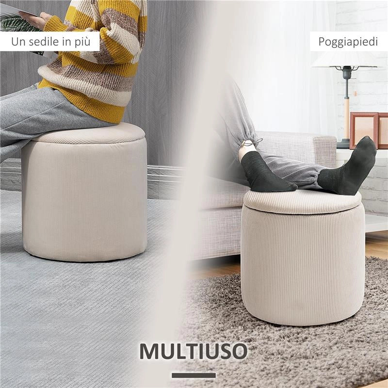 SET DI 2 POUF CONTENITORE SALVASPAZIO ROTONDI E IMBOTTITI IN VELLUTO A COSTE, BIANCO