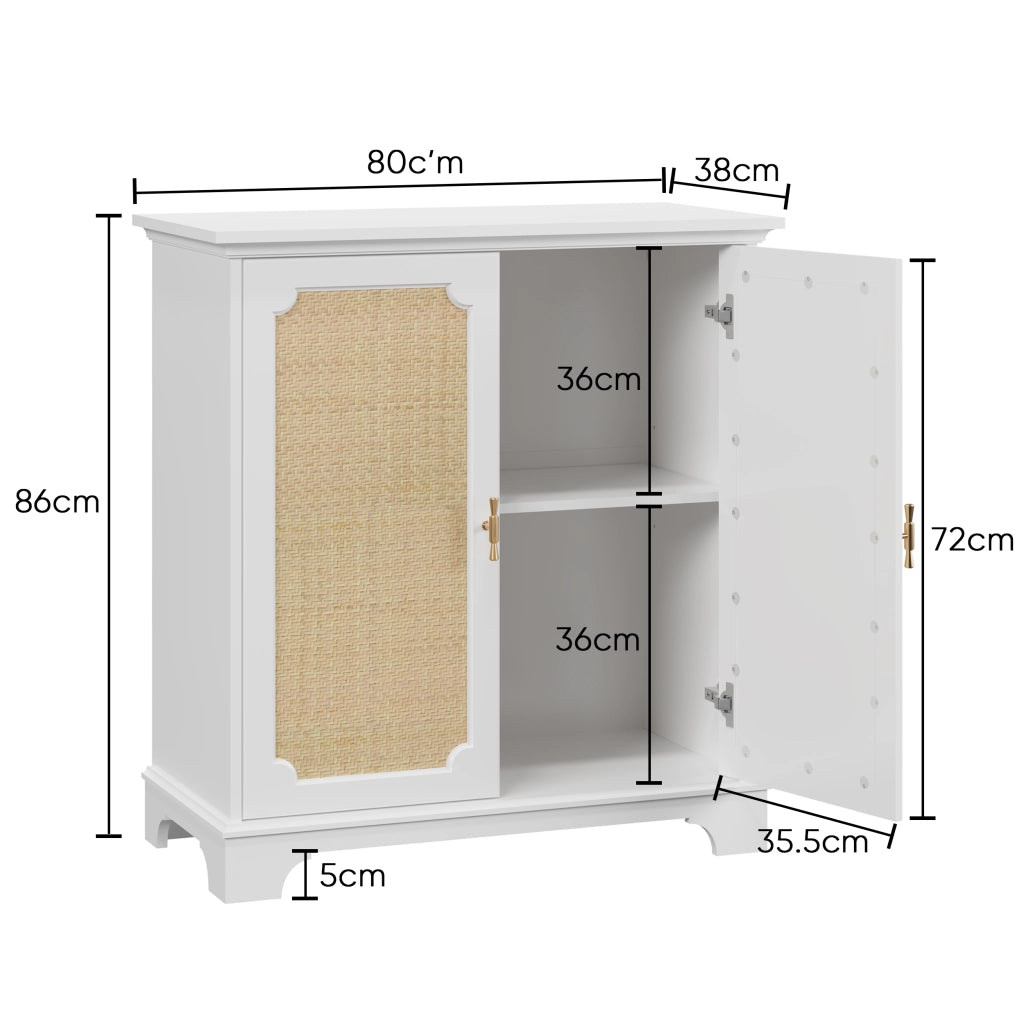 Credenza e madia con 2 ante in rattan, ripiano regolabile, in MDF e truciolare, per cucina e soggiorno, bianco, 80 × 38 × 86 cm