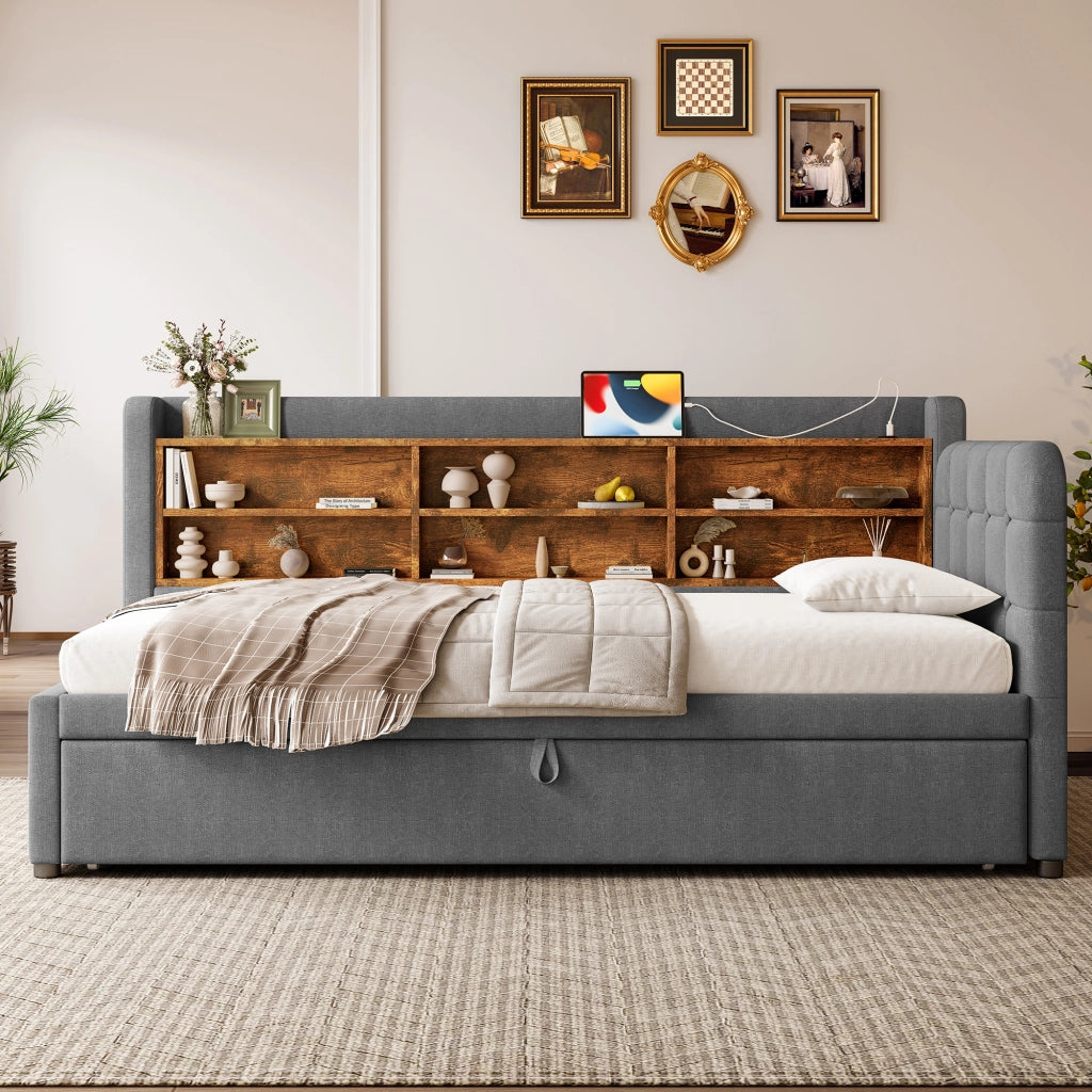 OKWISH Letto a Scomparsa 90×200 cm, Letto Singolo con Letto Estraibile, USB, Tipo C, Mensole e Vani, senza Materasso, Lino, Grigio
