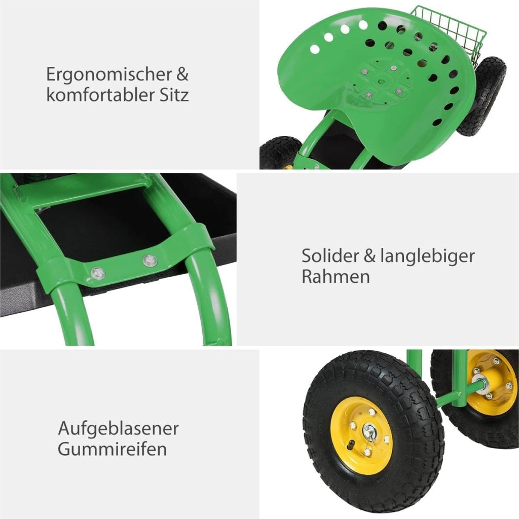 Sedia a rotelle per giardinaggio, girevole a 360° e regolabile in altezza da 46-53 cm, con cestino e ripiano, portata 150 kg, per giardinaggio e cura dell'auto, verde