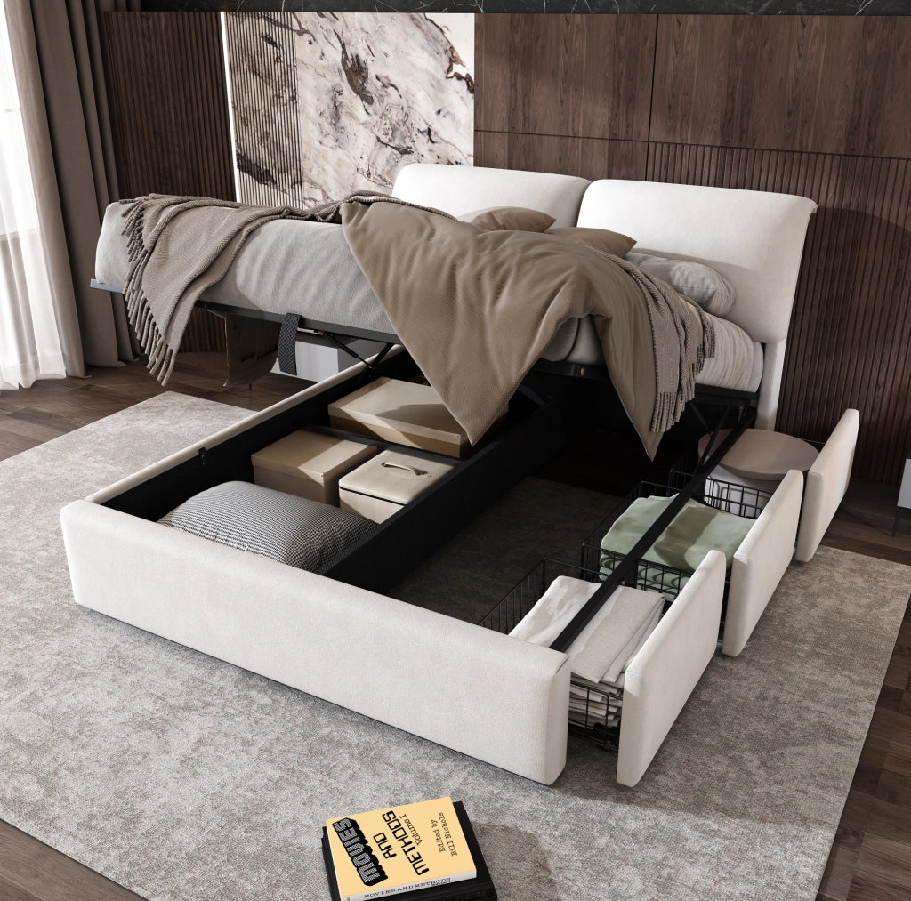 Letto imbottito 140x190 cm in velluto beige con contenitore; 3 cassetti e testiera regolabile