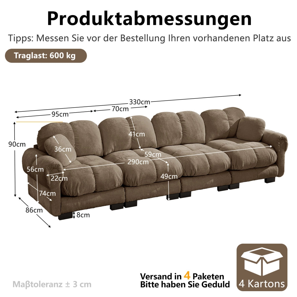 Divano modulare in chenille 330x86x90 cm marrone