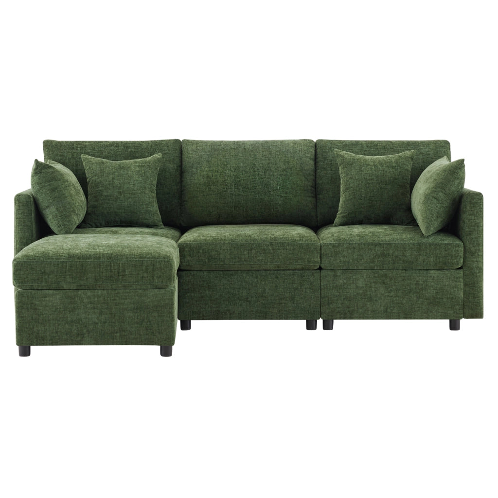 Sofa modulare angolare 216x161x81 cm in chenille verde; con pouf mobile e 4 cuscini
