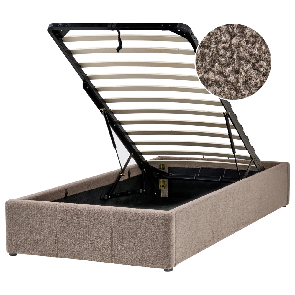 Letto singolo con contenitore in tessuto bouclè tortora 90 x 200 cm portaoggetti stile moderno