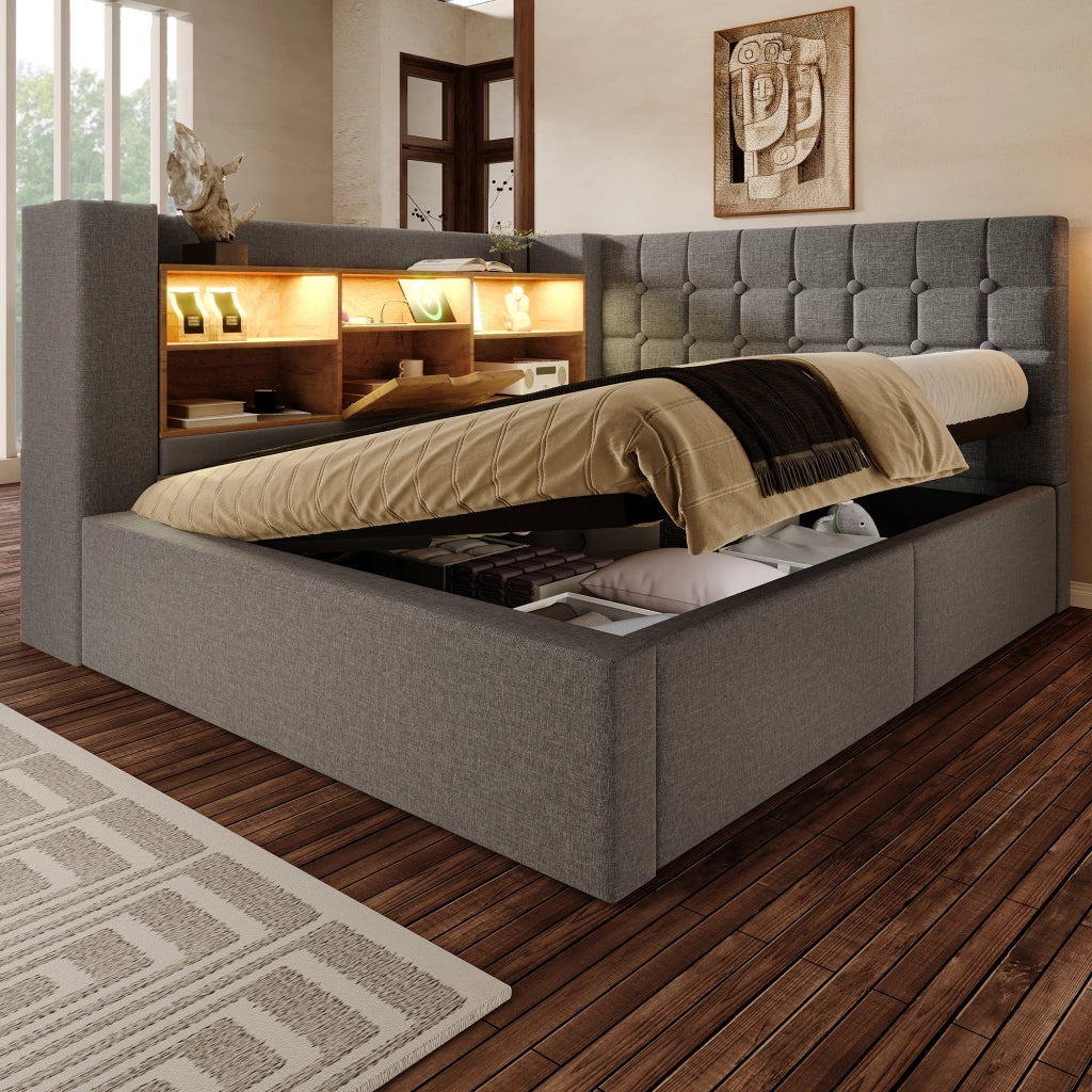 Letto matrimoniale con LED, ricarica USB, contenitore idraulico e testiera L reversibile in lino grigio 140 × 200 cm