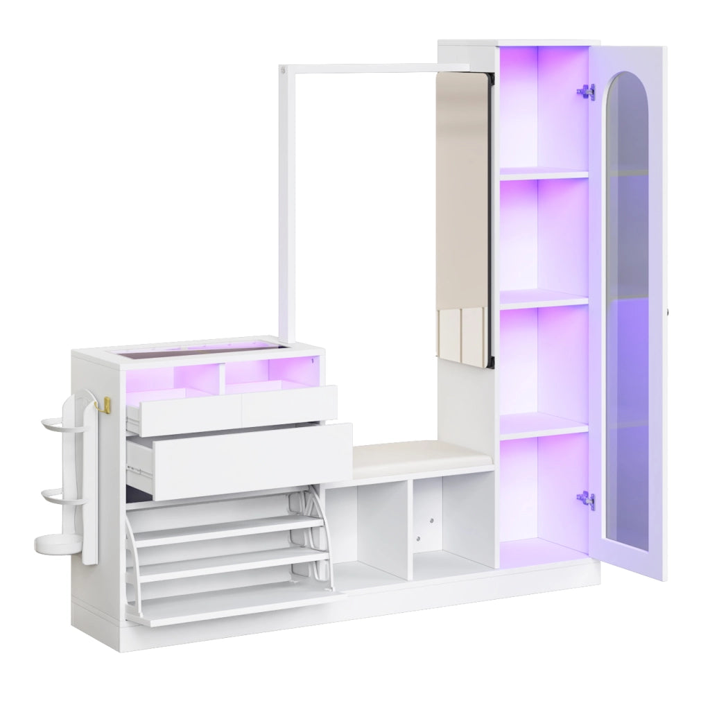 OKWISH Mobile da Ingresso con Vetrina, Panca Scarpiera, Specchio Girevole e LED, Pannello di Particelle, 163 x 50 x 161 cm, Bianco