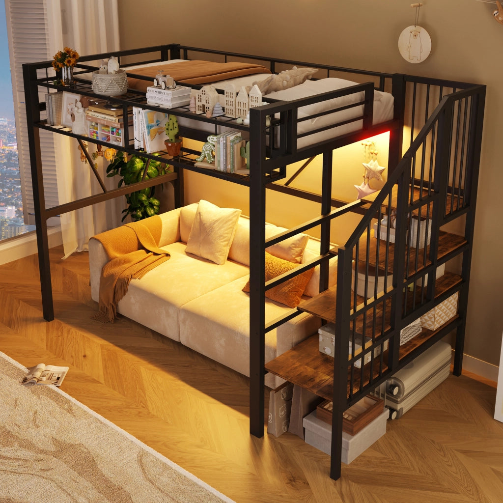LETTO A CASTELLO 90x200 cm in metallo e MDF con LED, nero