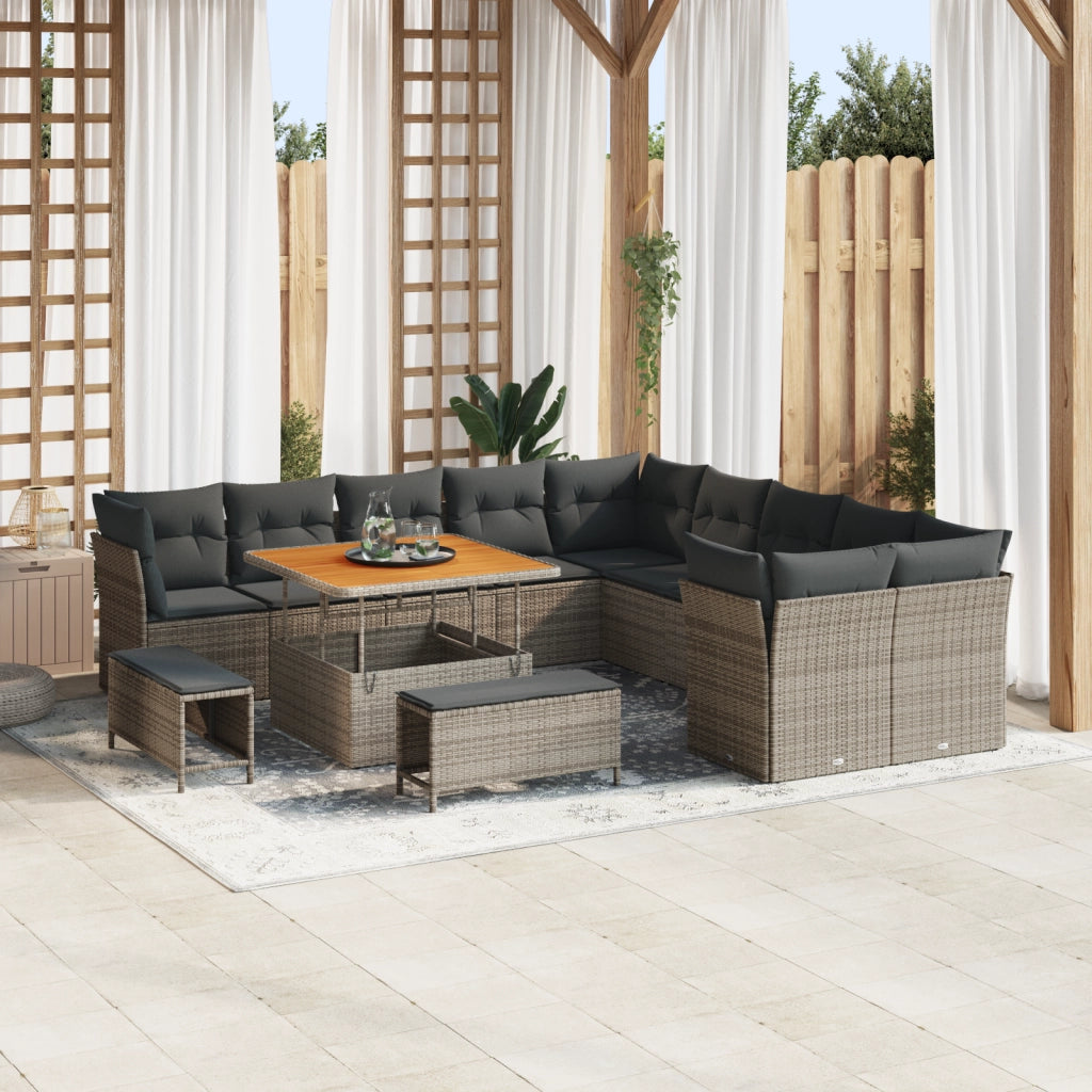 Set Divano da Giardino  da 13 Pezzi con Cuscini Grigio Polyrattan Acacia
