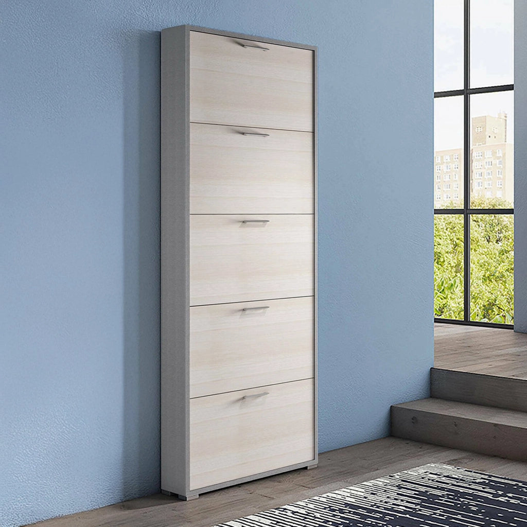 Scarpiera Amigo, Mobile multiuso da ingresso con 5 ante a ribalta, Armadietto portascarpe moderno, Made in Italy, Cm 67x18h184, Larice