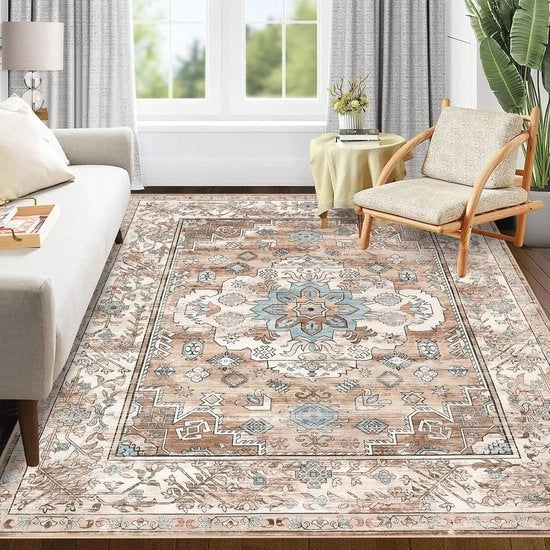 Tappeto Vintage 120 x 180 cm - Lavabile, Resistente allo Scivolamento e Felpato - Stile Boho per Salotto, Camera da Letto, Cucina e Sala da Pranzo