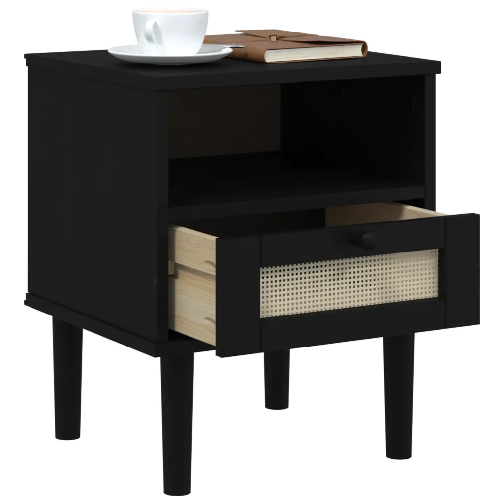 Comodino SENJA Nero Aspetto Rattan 40x35x48 cm in Legno di Pino 358012