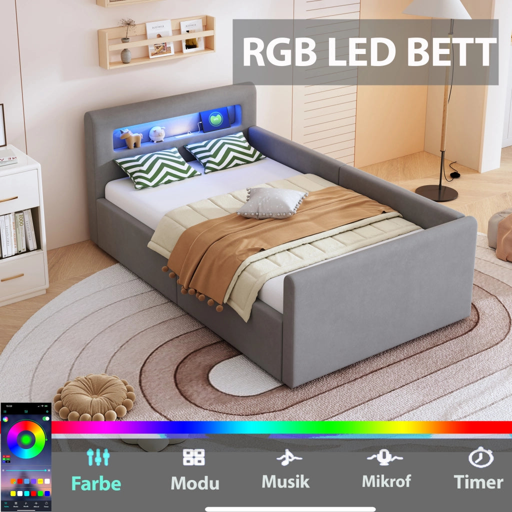 Letto 90x200 cm - Letto imbottito,Con luce notturna,Porta di ricarica USB,Con vani portaoggetti,Velluto,Funzione di accumulo idraulico,grigio
