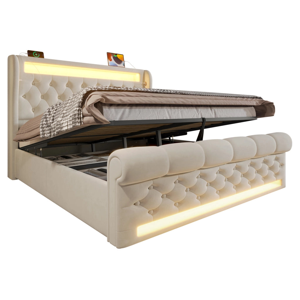 Letto matrimoniale 140x190 cm in velluto beige con LED; contenitore idraulico e ricarica USB Type-C