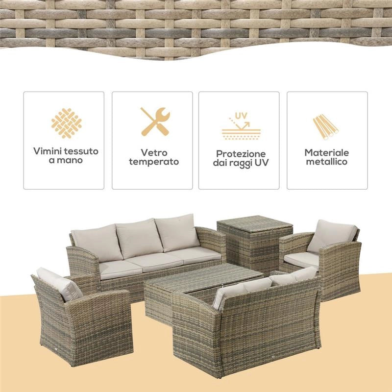 SET MOBILI DA GIARDINO 6 PEZZI IN RATTAN CON DIVANI, POLTRONE E TAVOLI CONTENITORE, BEIGE